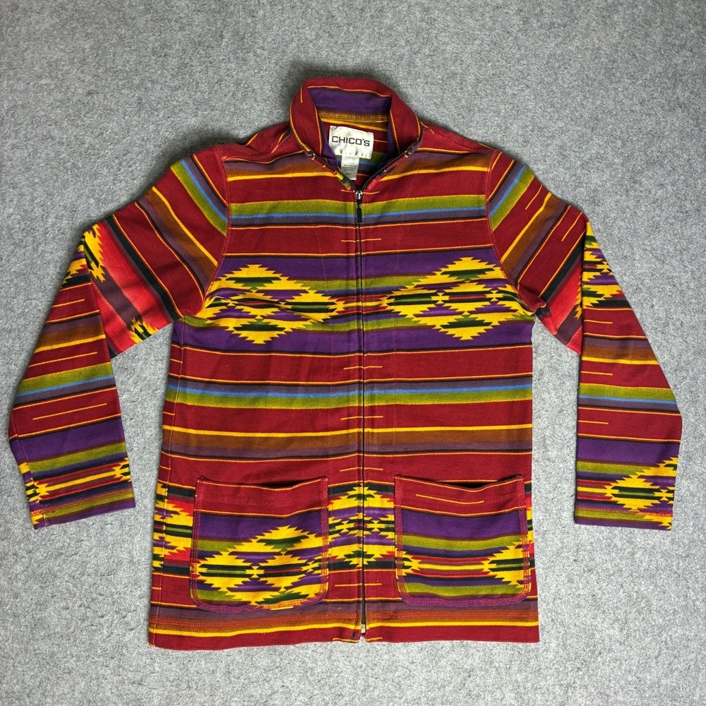 Chico's Womens Size Small 0 Red Southwestern Aztec Full Zip Cotton Jacket Multi